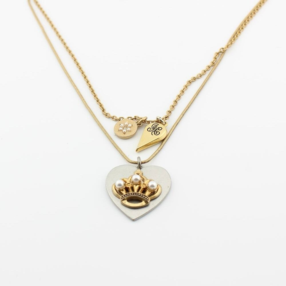 Juicy Couture Layered Multi Chain Heart Crown Charm Necklace Gold Tone